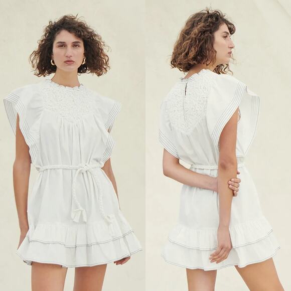 SAYLOR Chantae Smocked Neck Flutter Sleeves White Twill Mini Dress (Sz XS) - Picture 2 of 16